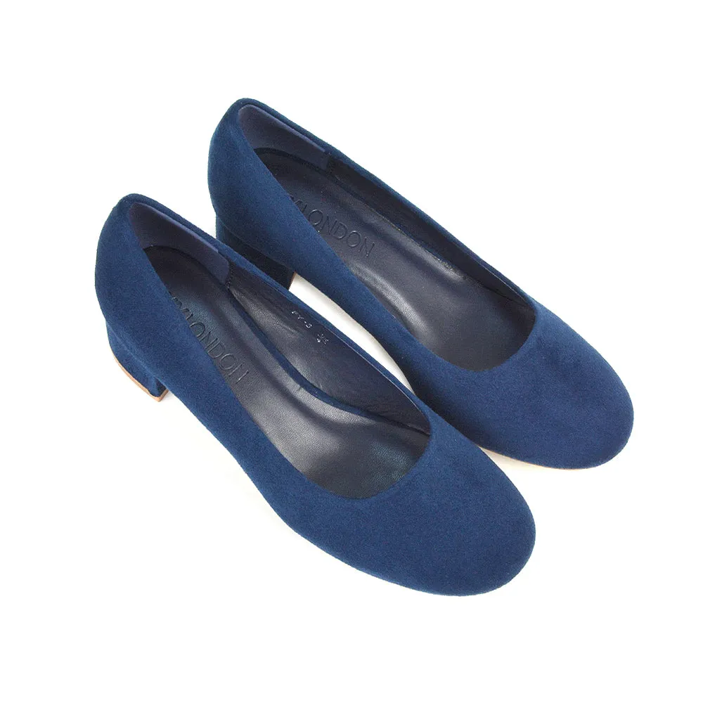 Liberty Low Block Heel Round Toe Slip On Classic Court Shoes in Black Synthetic Leather