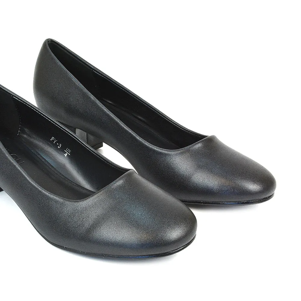 Liberty Low Block Heel Round Toe Slip On Classic Court Shoes in Black Synthetic Leather