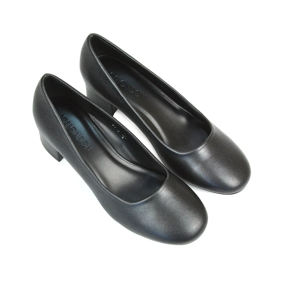 Liberty Low Block Heel Round Toe Slip On Classic Court Shoes in Black Synthetic Leather