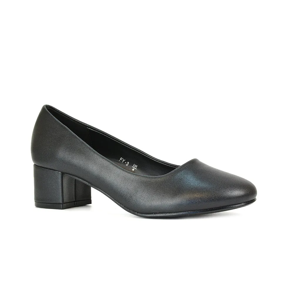 Liberty Low Block Heel Round Toe Slip On Classic Court Shoes in Black Synthetic Leather