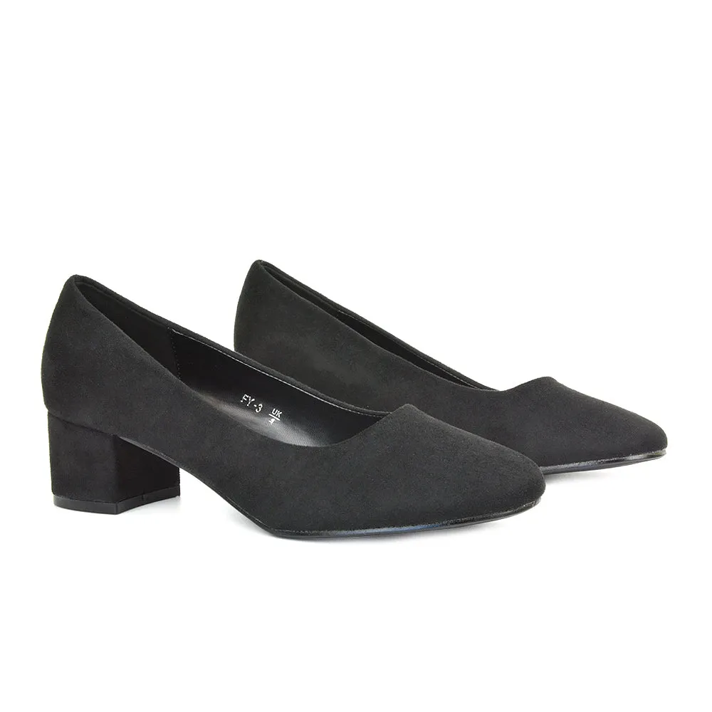 Liberty Low Block Heel Round Toe Slip On Classic Court Shoes in Black Synthetic Leather
