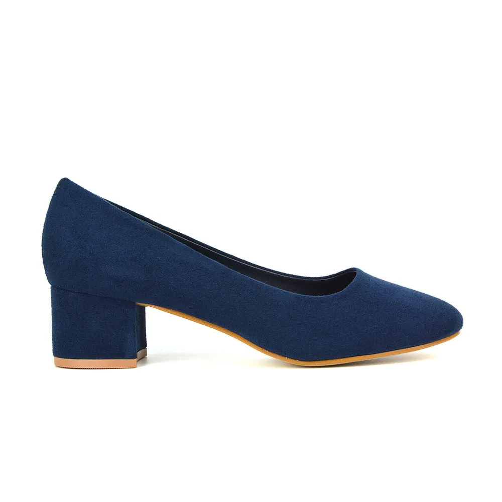 Liberty Low Block Heel Round Toe Slip On Classic Court Shoes in Black Synthetic Leather
