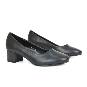 Liberty Low Block Heel Round Toe Slip On Classic Court Shoes in Black Synthetic Leather