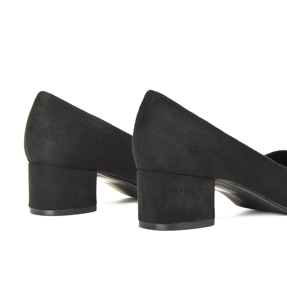 Liberty Low Block Heel Round Toe Slip On Classic Court Shoes in Black Synthetic Leather