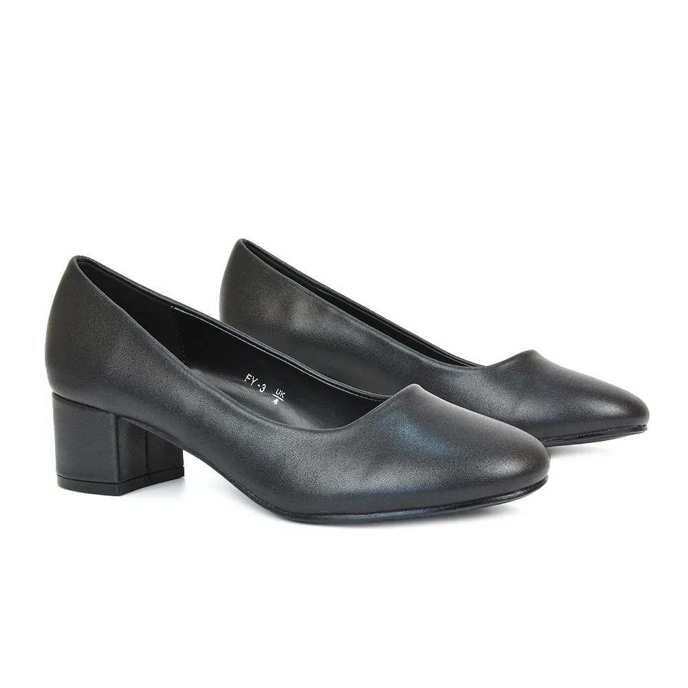 Liberty Low Block Heel Round Toe Slip On Classic Court Shoes in Black Synthetic Leather