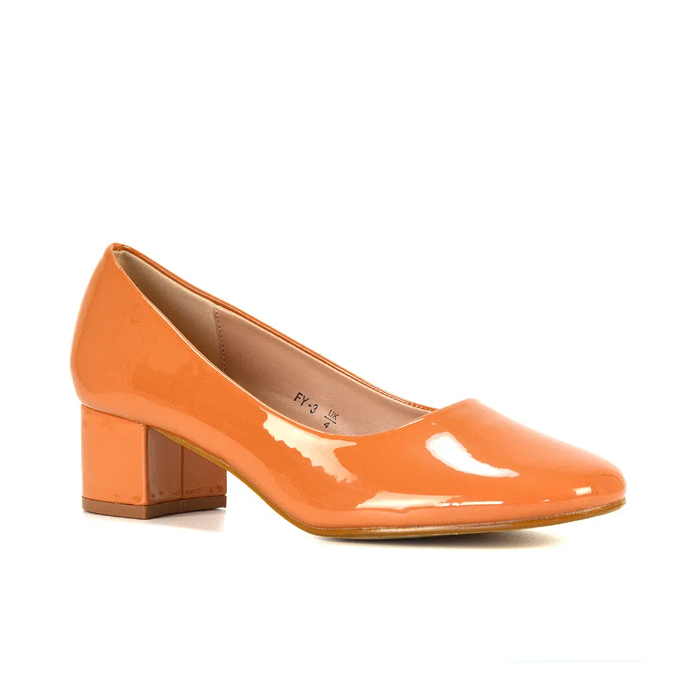 Liberty Low Block Heel Round Toe Slip On Classic Court Shoes in Black Synthetic Leather