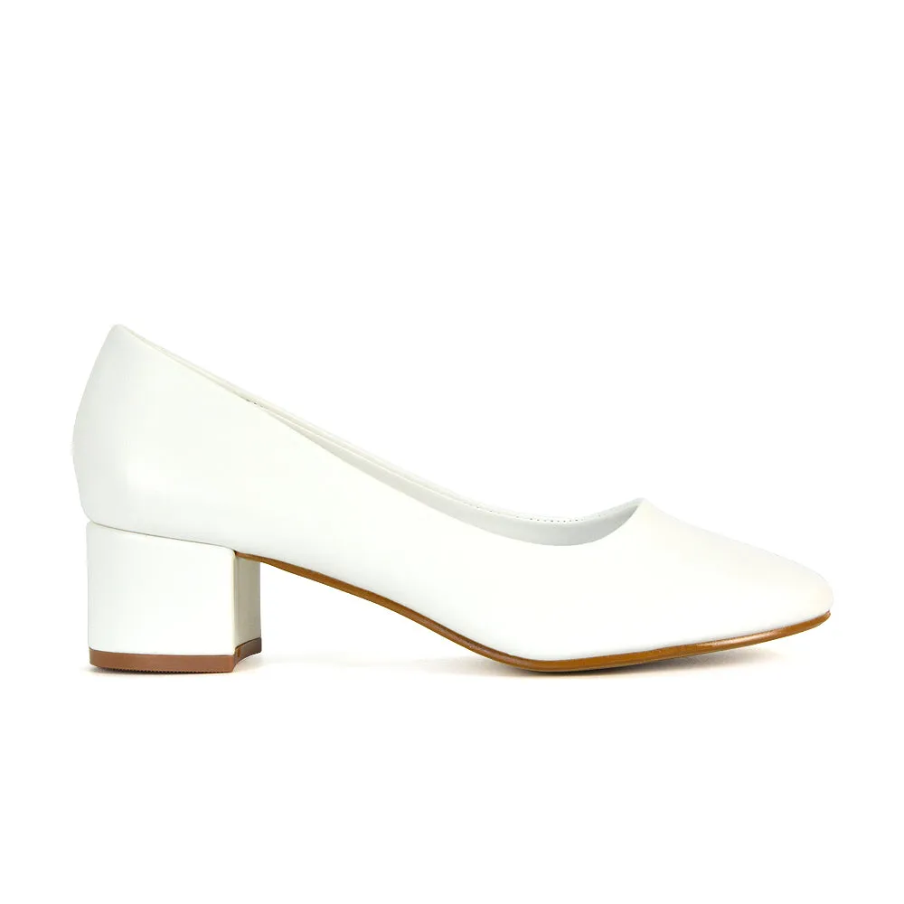 Liberty Low Block Heel Round Toe Slip On Classic Court Shoes in Black Synthetic Leather