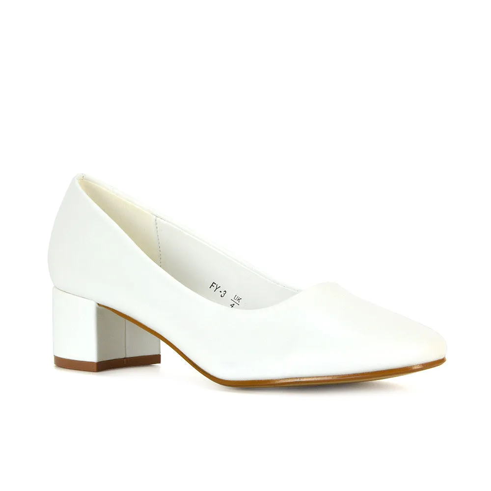 Liberty Low Block Heel Round Toe Slip On Classic Court Shoes in Black Synthetic Leather