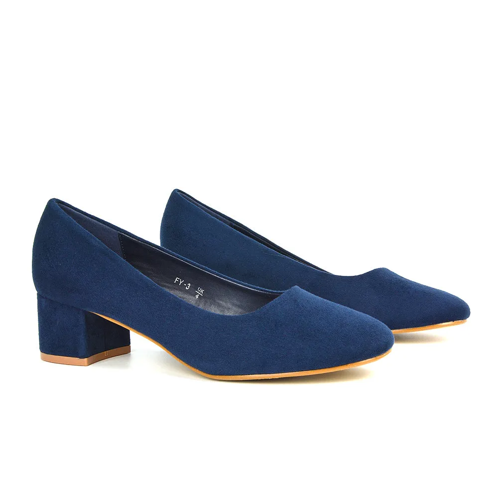 Liberty Low Block Heel Round Toe Slip On Classic Court Shoes in Black Synthetic Leather