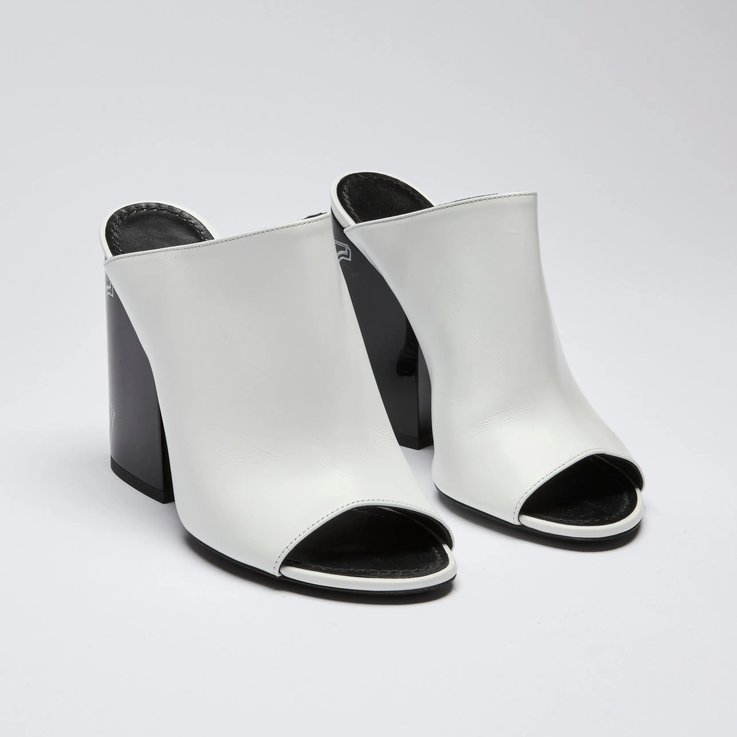 Louis Vuitton Black and White Peep Toe Block Heel Mules Size 36