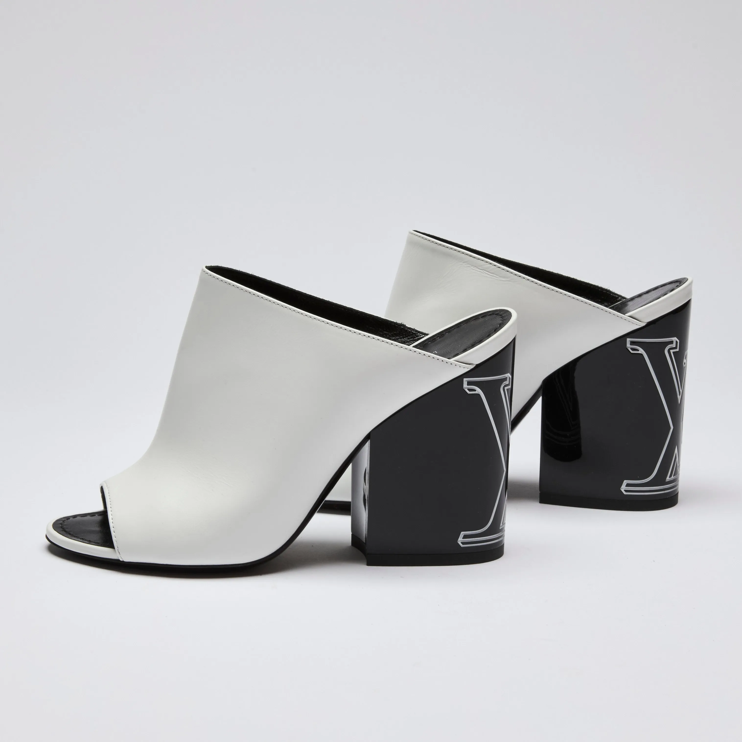 Louis Vuitton Black and White Peep Toe Block Heel Mules Size 36