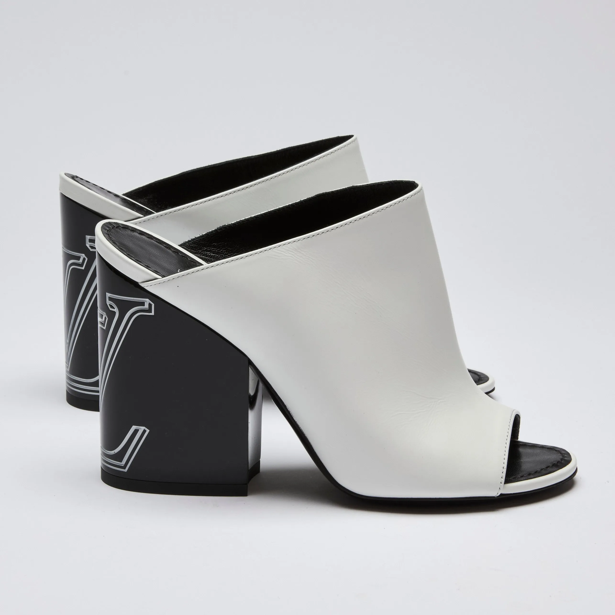 Louis Vuitton Black and White Peep Toe Block Heel Mules Size 36