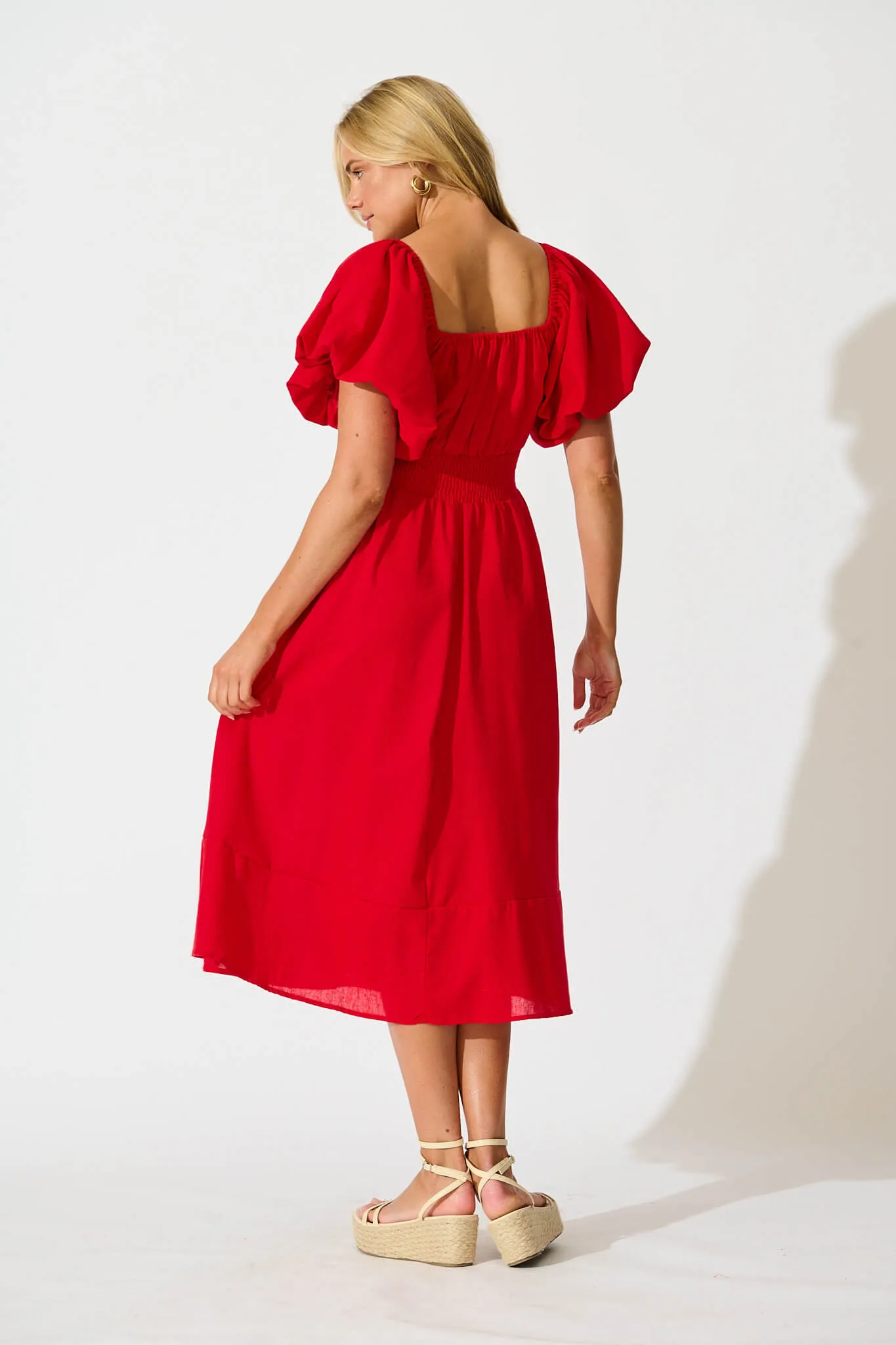 Red Linen Blend Midi Dress for Winter