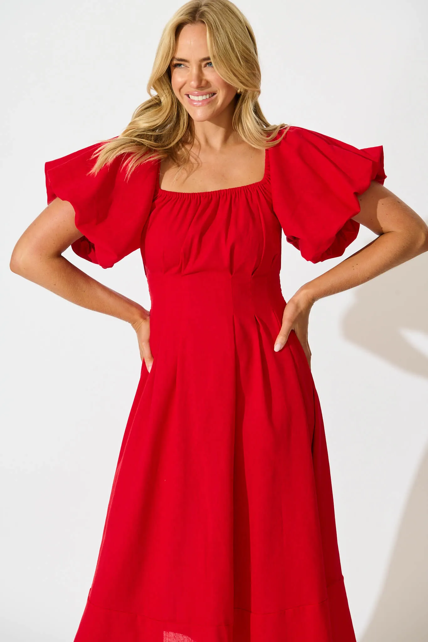 Red Linen Blend Midi Dress for Winter