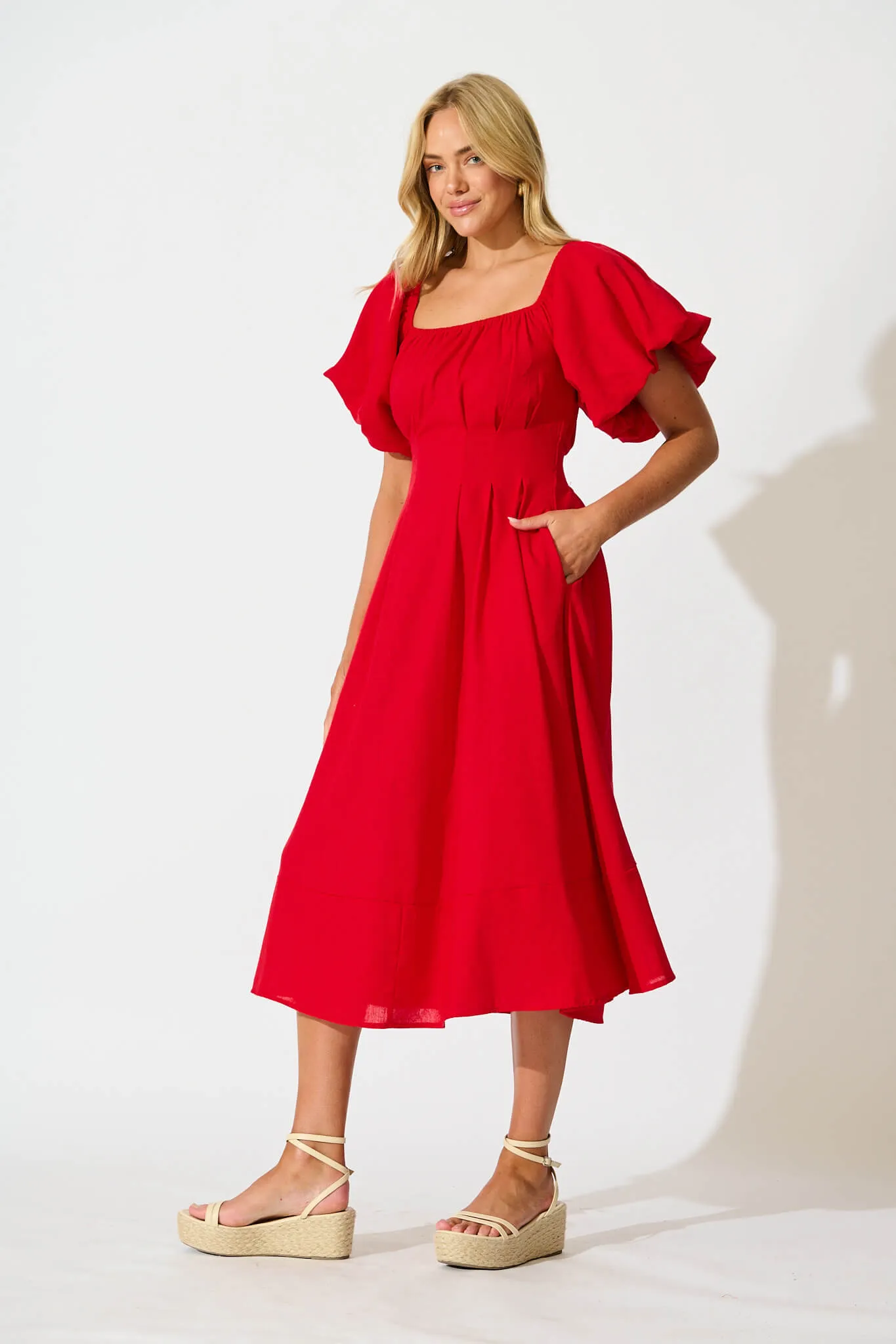 Red Linen Blend Midi Dress for Winter