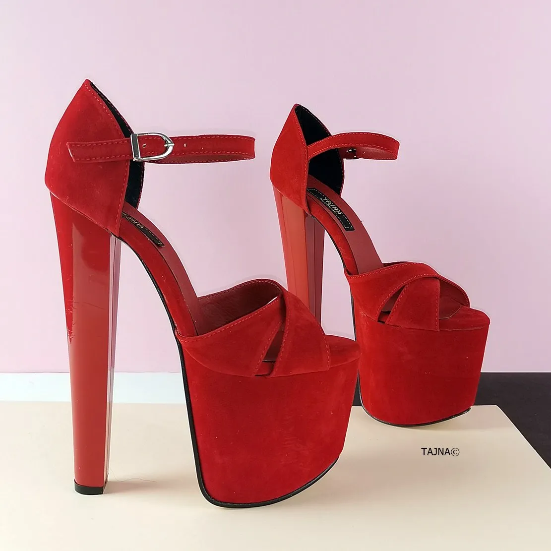 Red Suede Cross Strap High Heels