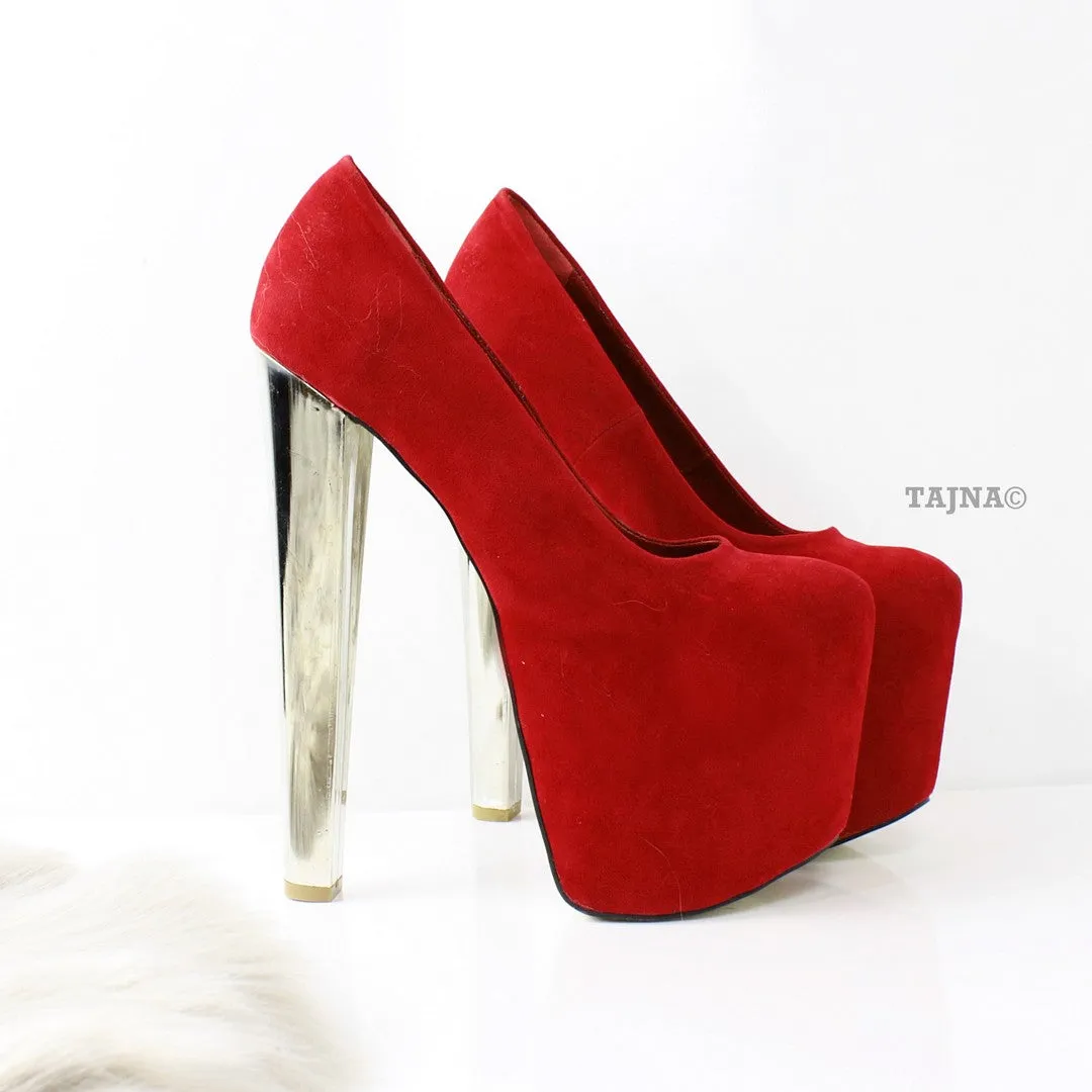 Red Suede Metallic Heels