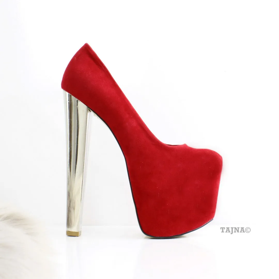 Red Suede Metallic Heels
