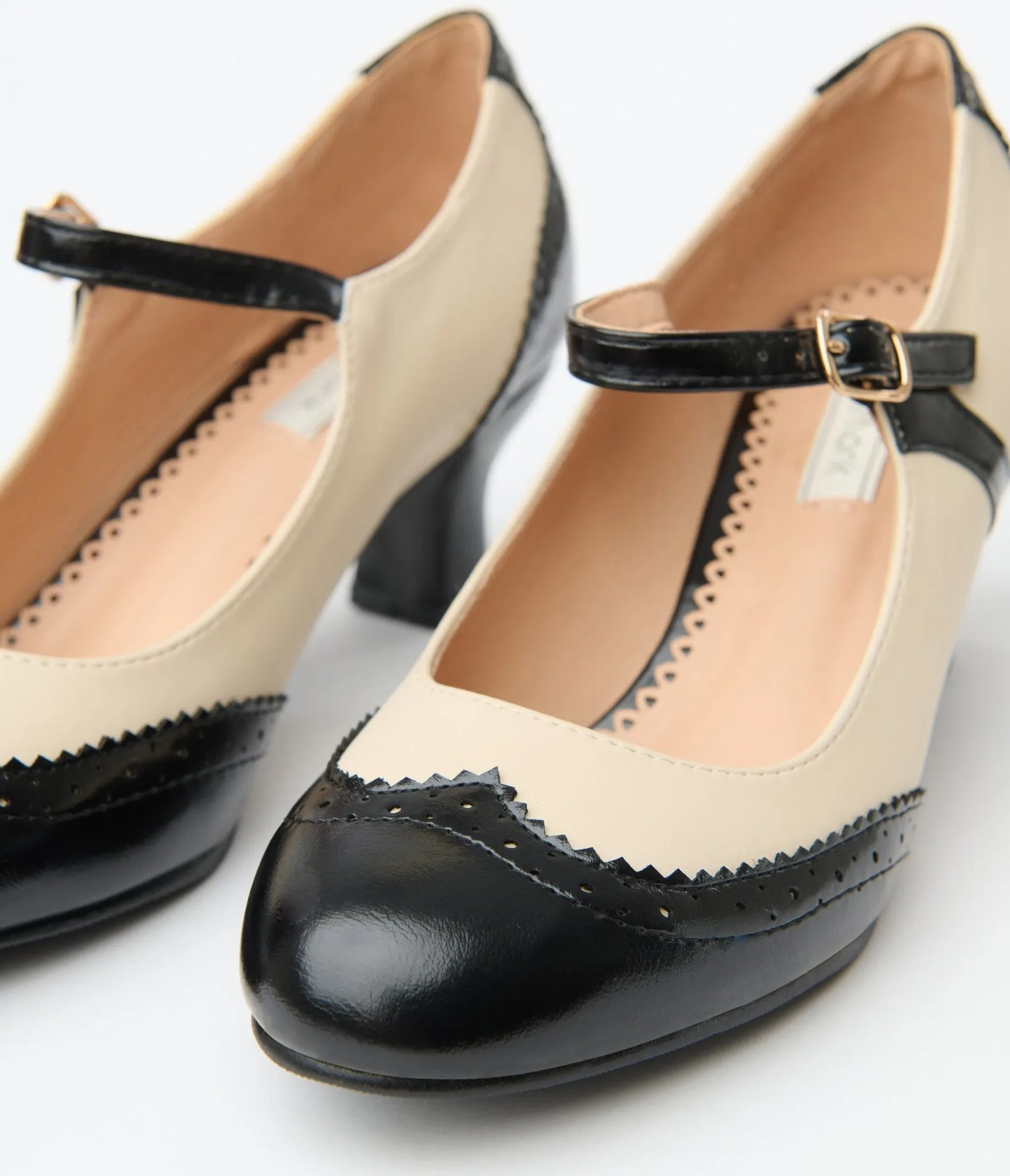 Royal Monk Cream & Black Patent Leatherette Mary Jane Heels