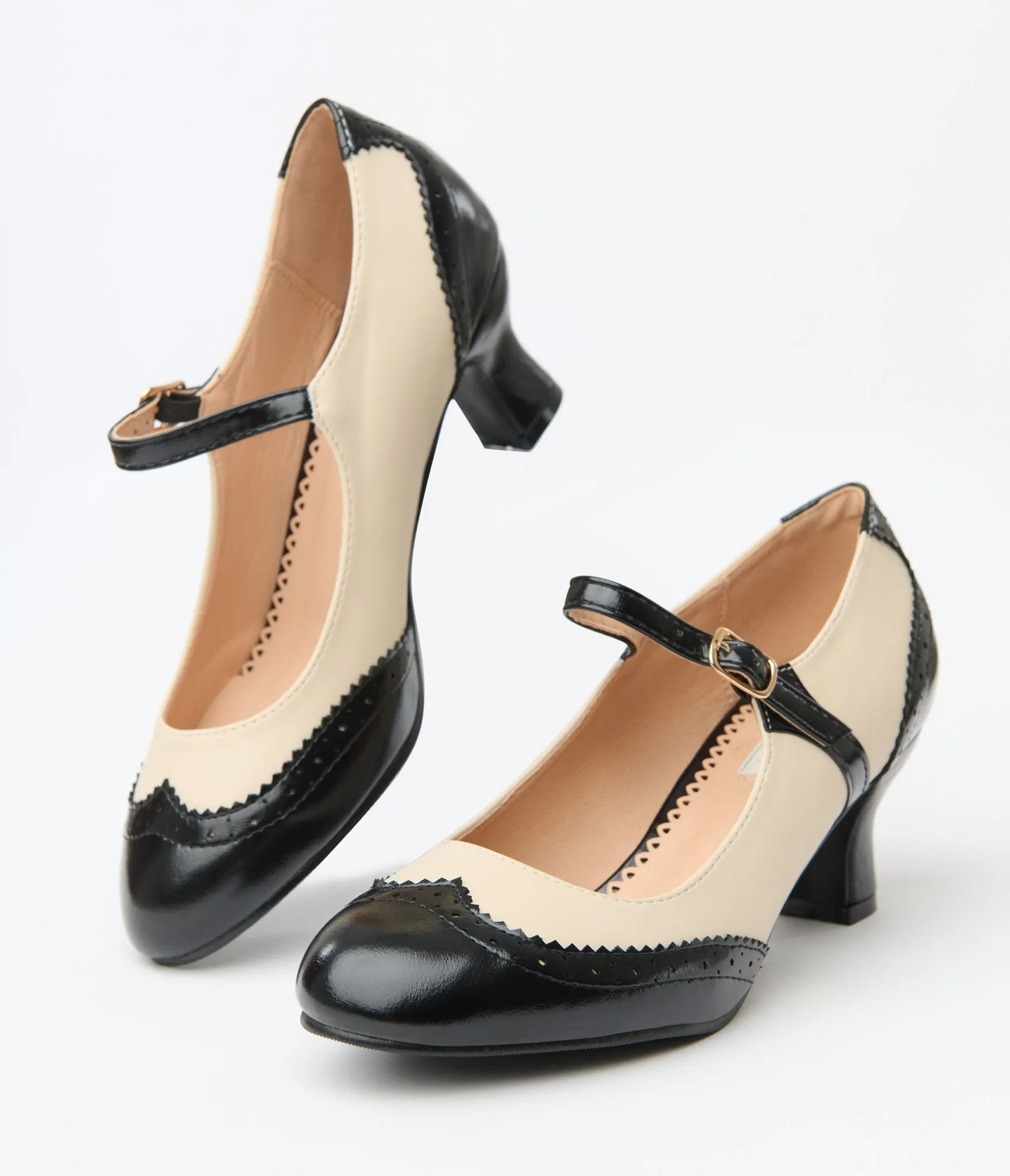 Royal Monk Cream & Black Patent Leatherette Mary Jane Heels