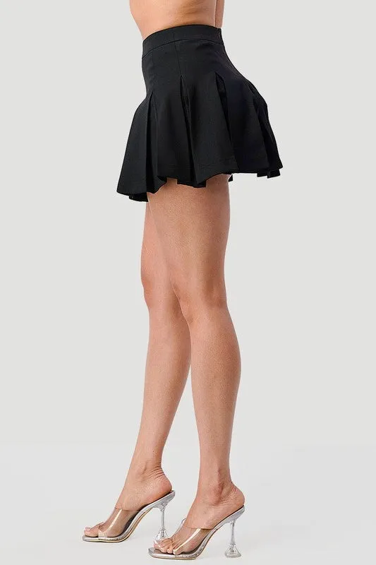 Sexy High-Waist Pleated Black Mini Skirt with Zipper Closure – Sleek Polyester-Spandex Blend