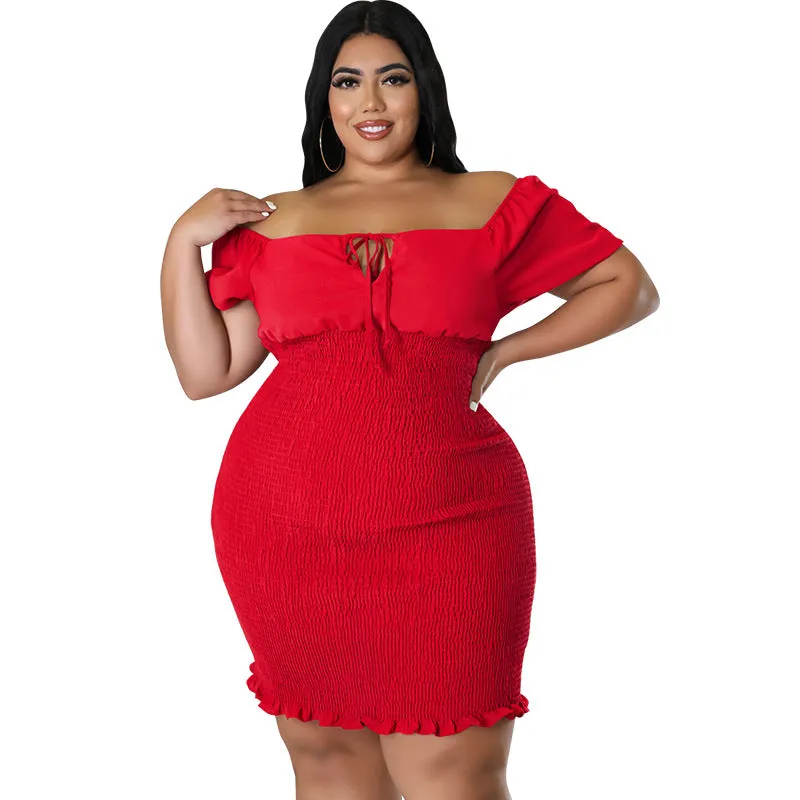 Sultry Off-Shoulder Smocked Bodycon Dress with Ruffle Hem
