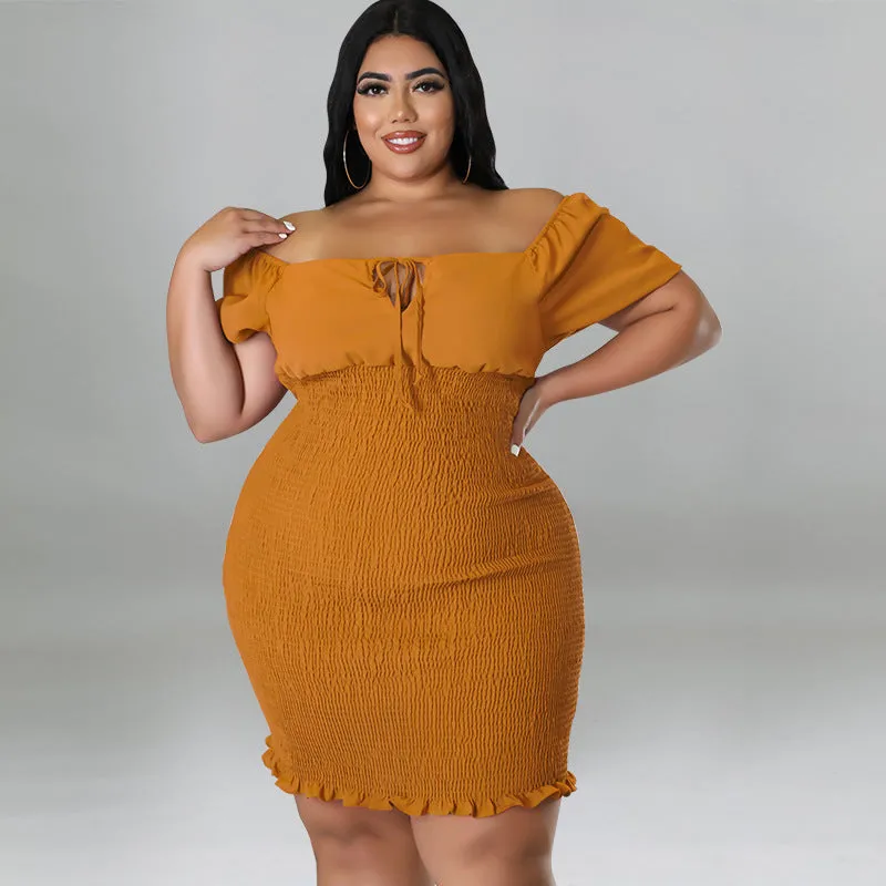 Sultry Off-Shoulder Smocked Bodycon Dress with Ruffle Hem