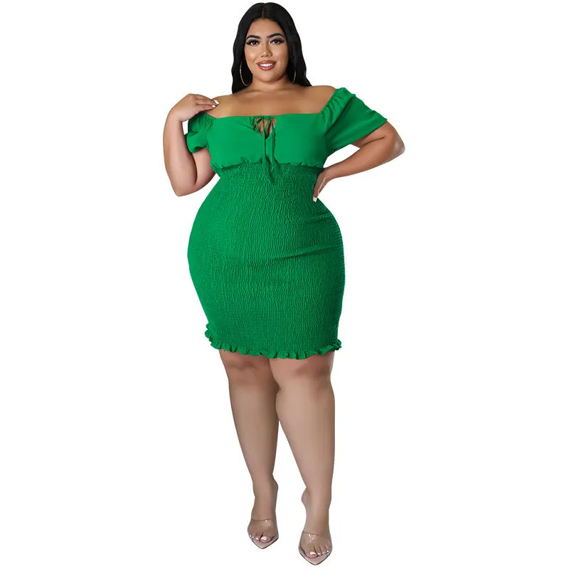 Sultry Off-Shoulder Smocked Bodycon Dress with Ruffle Hem