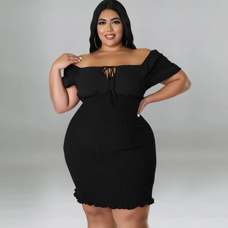 Sultry Off-Shoulder Smocked Bodycon Dress with Ruffle Hem