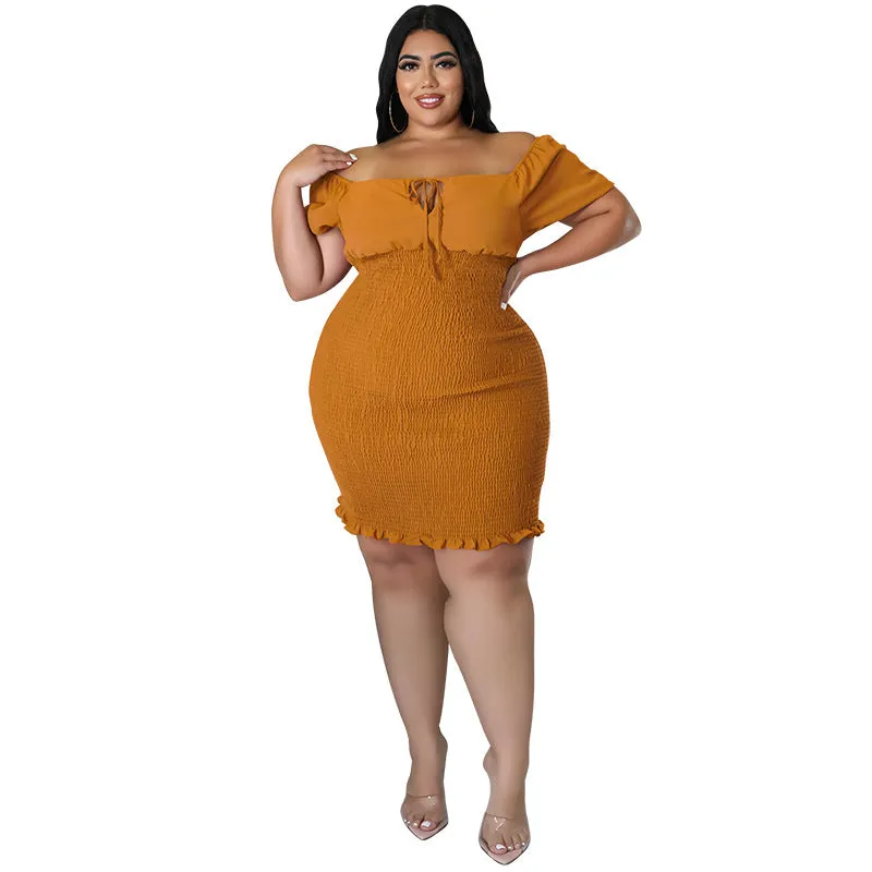 Sultry Off-Shoulder Smocked Bodycon Dress with Ruffle Hem