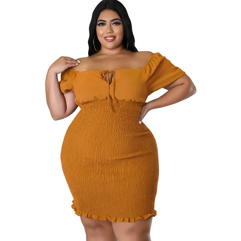 Sultry Off-Shoulder Smocked Bodycon Dress with Ruffle Hem