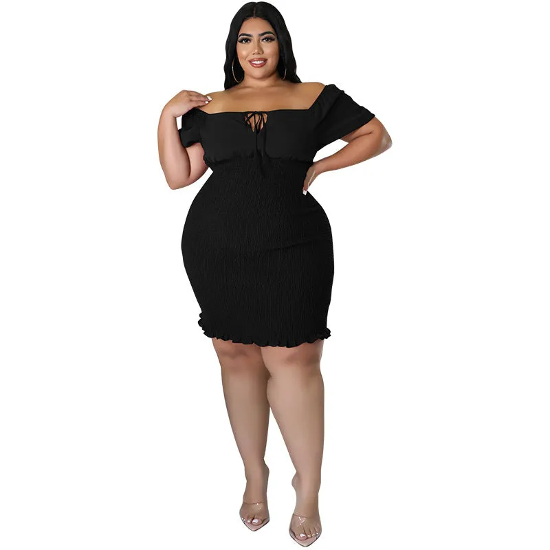 Sultry Off-Shoulder Smocked Bodycon Dress with Ruffle Hem