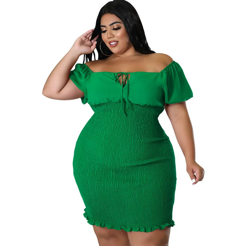 Sultry Off-Shoulder Smocked Bodycon Dress with Ruffle Hem