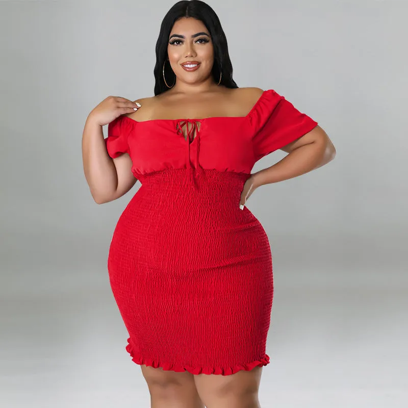 Sultry Off-Shoulder Smocked Bodycon Dress with Ruffle Hem