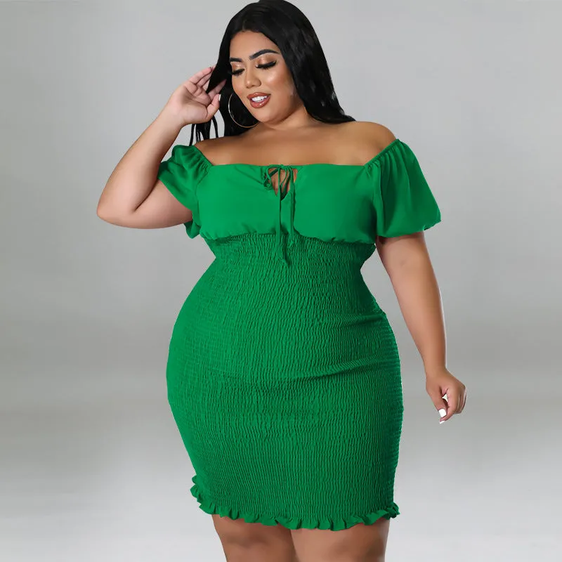 Sultry Off-Shoulder Smocked Bodycon Dress with Ruffle Hem