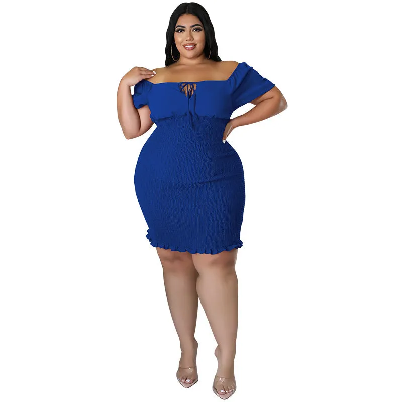 Sultry Off-Shoulder Smocked Bodycon Dress with Ruffle Hem