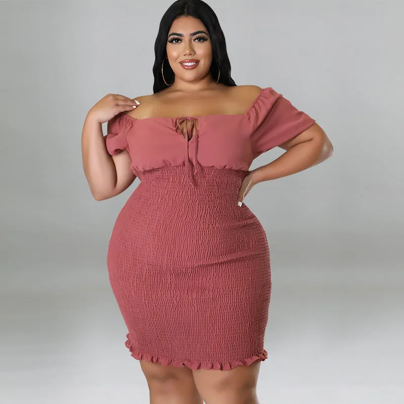 Sultry Off-Shoulder Smocked Bodycon Dress with Ruffle Hem