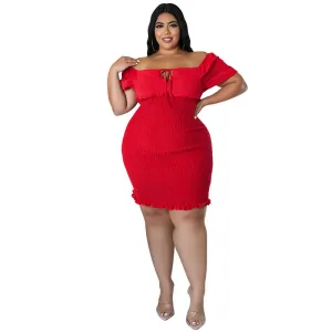 Sultry Off-Shoulder Smocked Bodycon Dress with Ruffle Hem