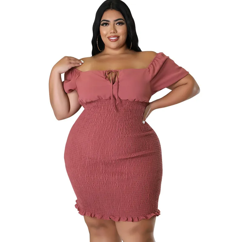 Sultry Off-Shoulder Smocked Bodycon Dress with Ruffle Hem