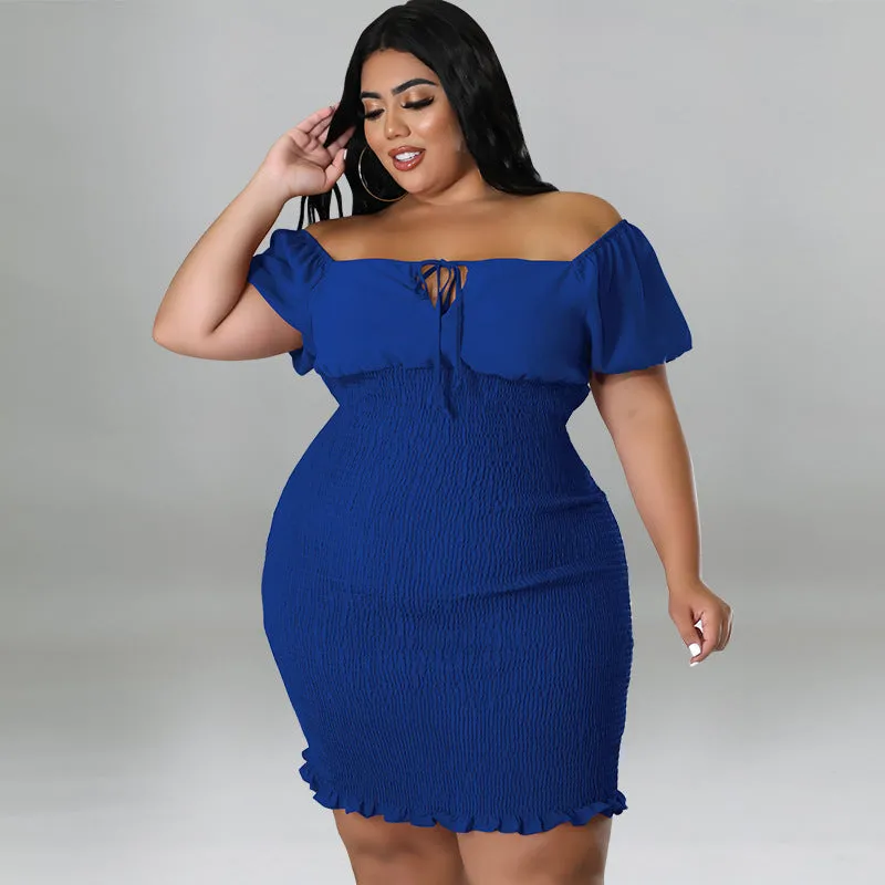 Sultry Off-Shoulder Smocked Bodycon Dress with Ruffle Hem