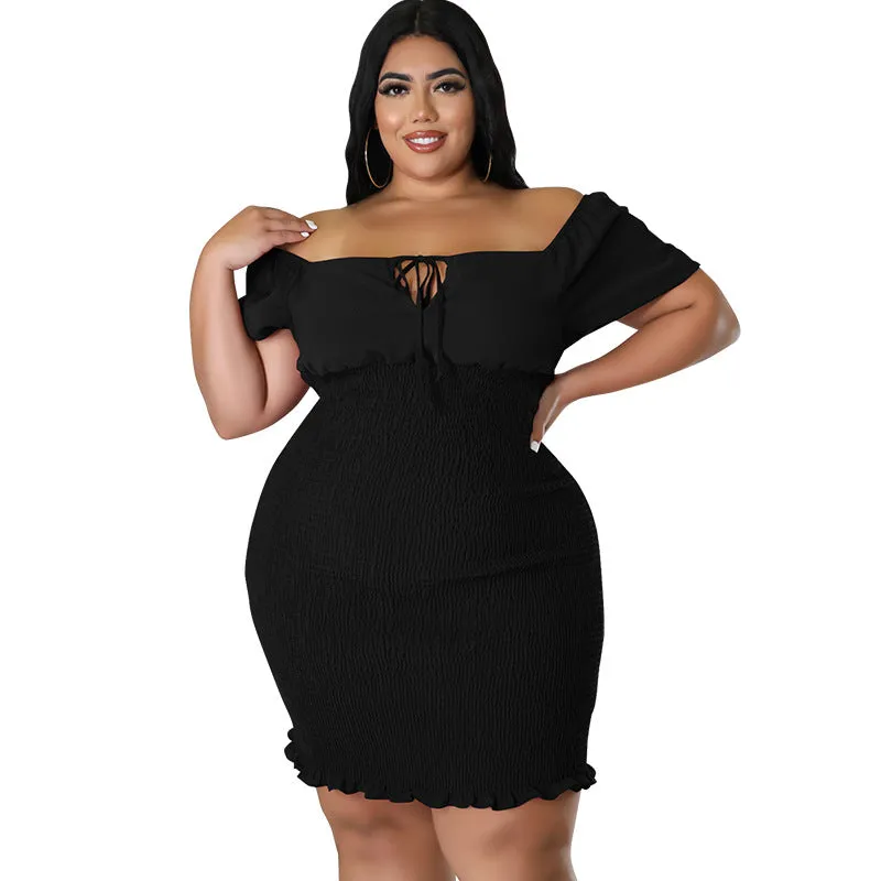 Sultry Off-Shoulder Smocked Bodycon Dress with Ruffle Hem
