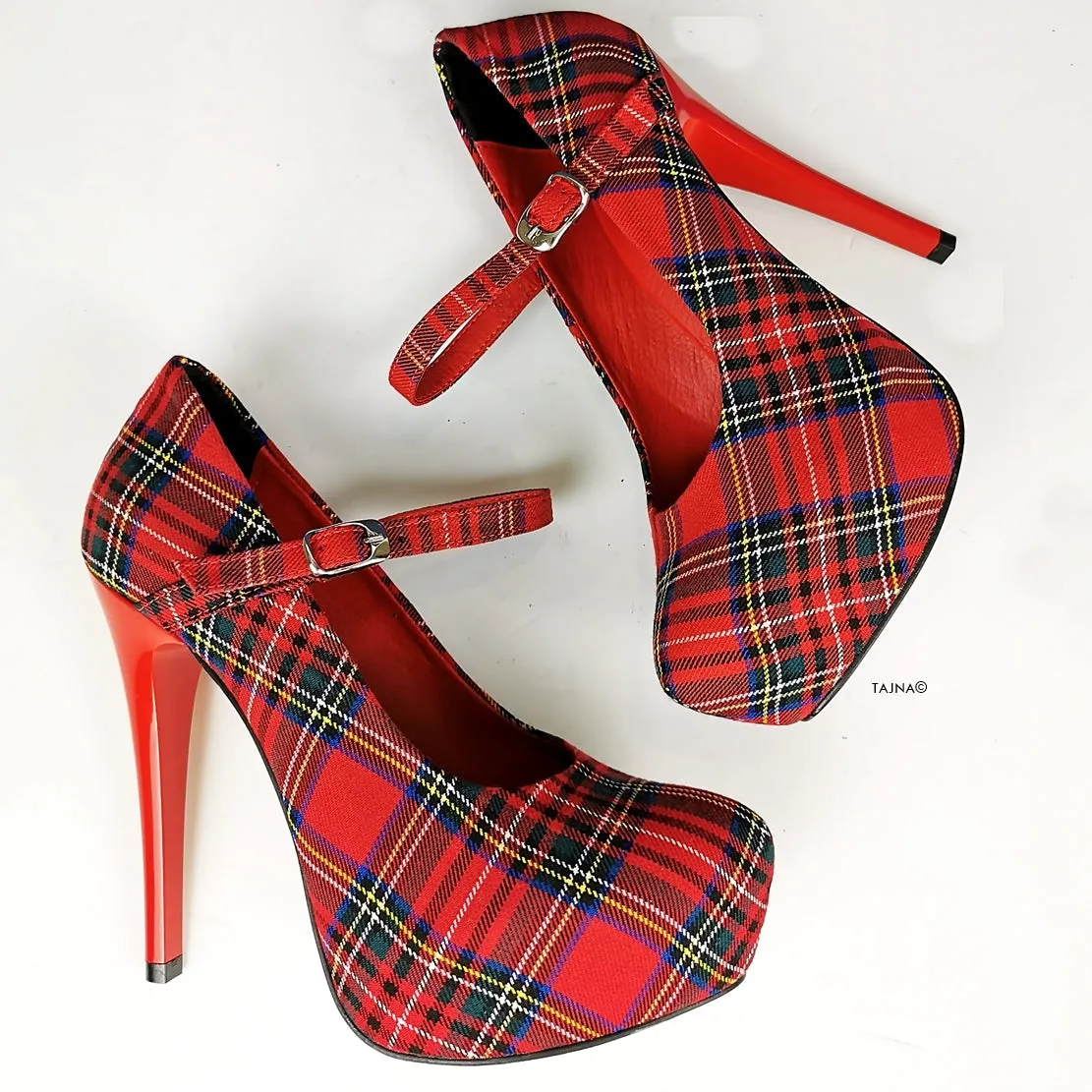 Tartan Red Mary Jane Heel Pumps