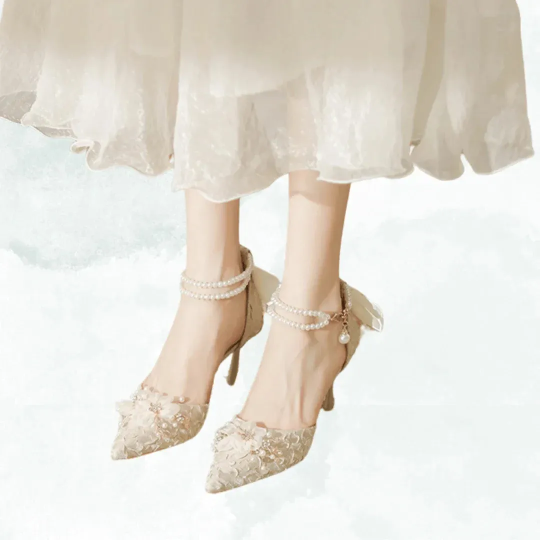 VougeVamp Designer Luxury Bridal Sandals – Fine Heel Wedding Shoes with Pearl Buckle & Bowknot Floral Detail