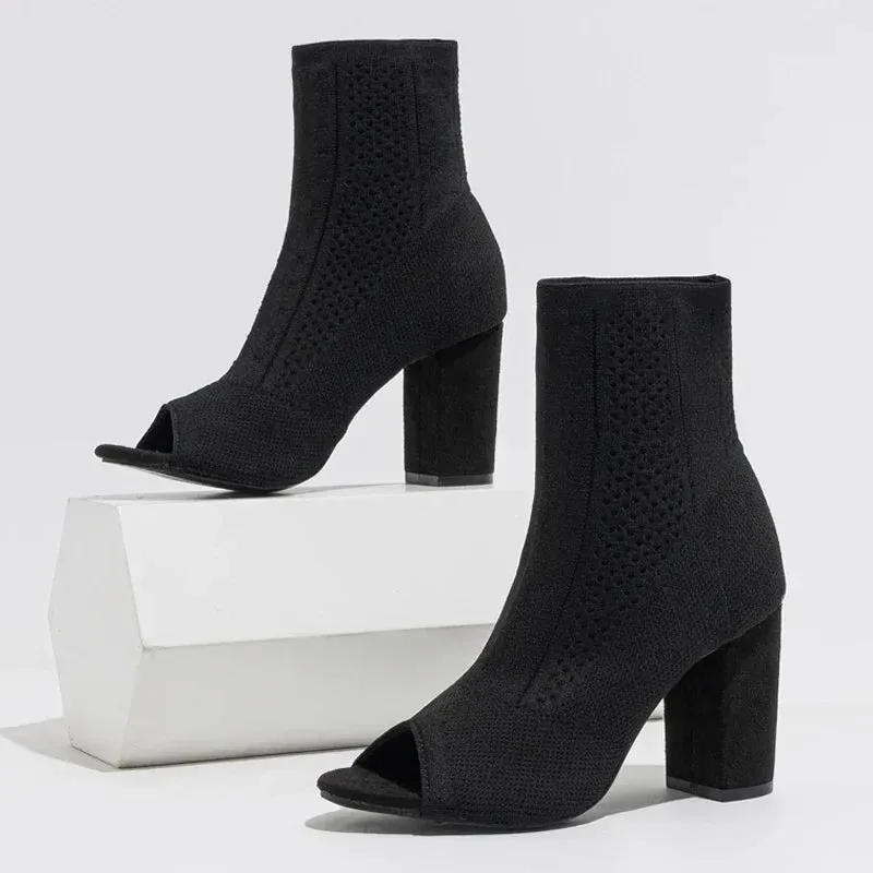 VougeVamp Handmade Peep Toe Stretch Fabric Ankle Boots – Chic High Heel Spring Sandals