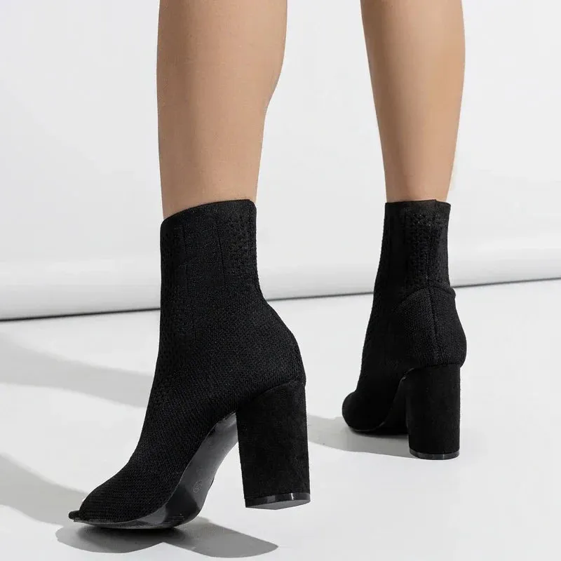VougeVamp Handmade Peep Toe Stretch Fabric Ankle Boots – Chic High Heel Spring Sandals