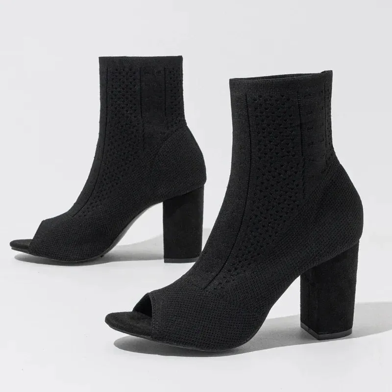 VougeVamp Handmade Peep Toe Stretch Fabric Ankle Boots – Chic High Heel Spring Sandals