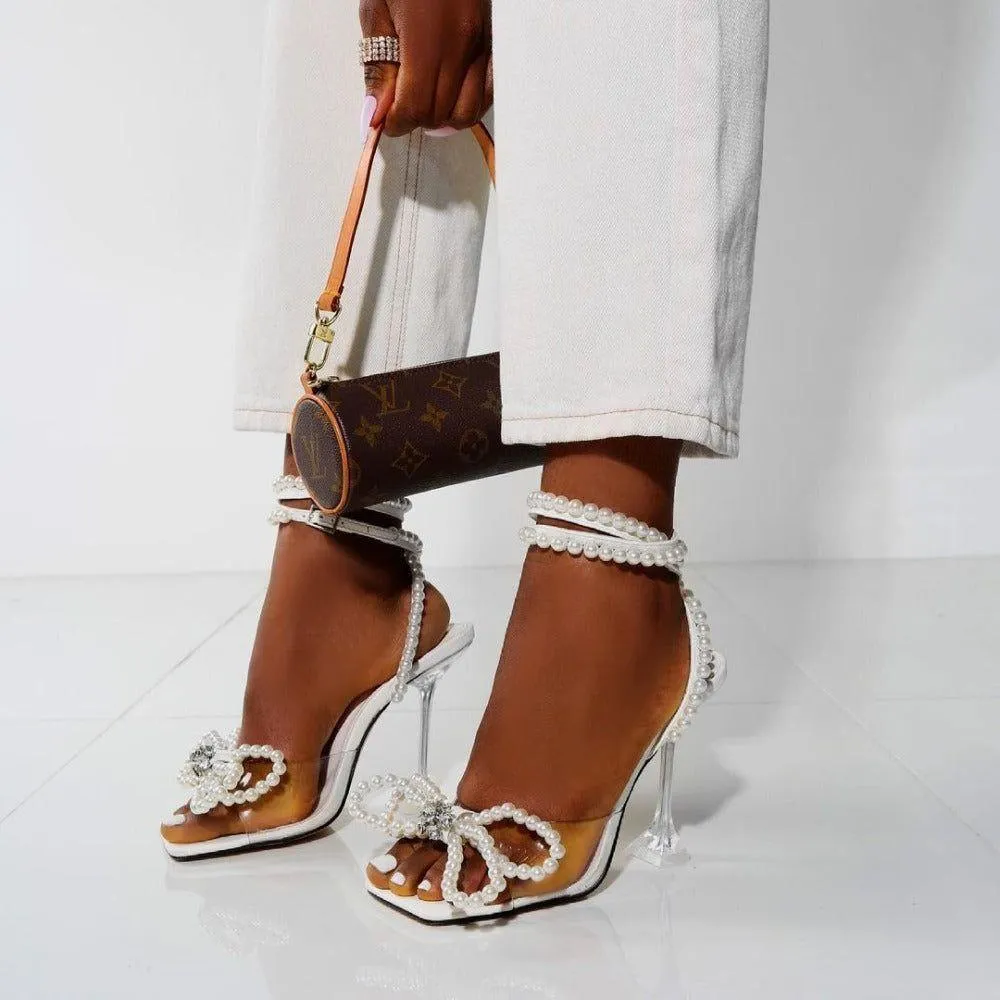 White Pearl Bow Ankle Strap Heels