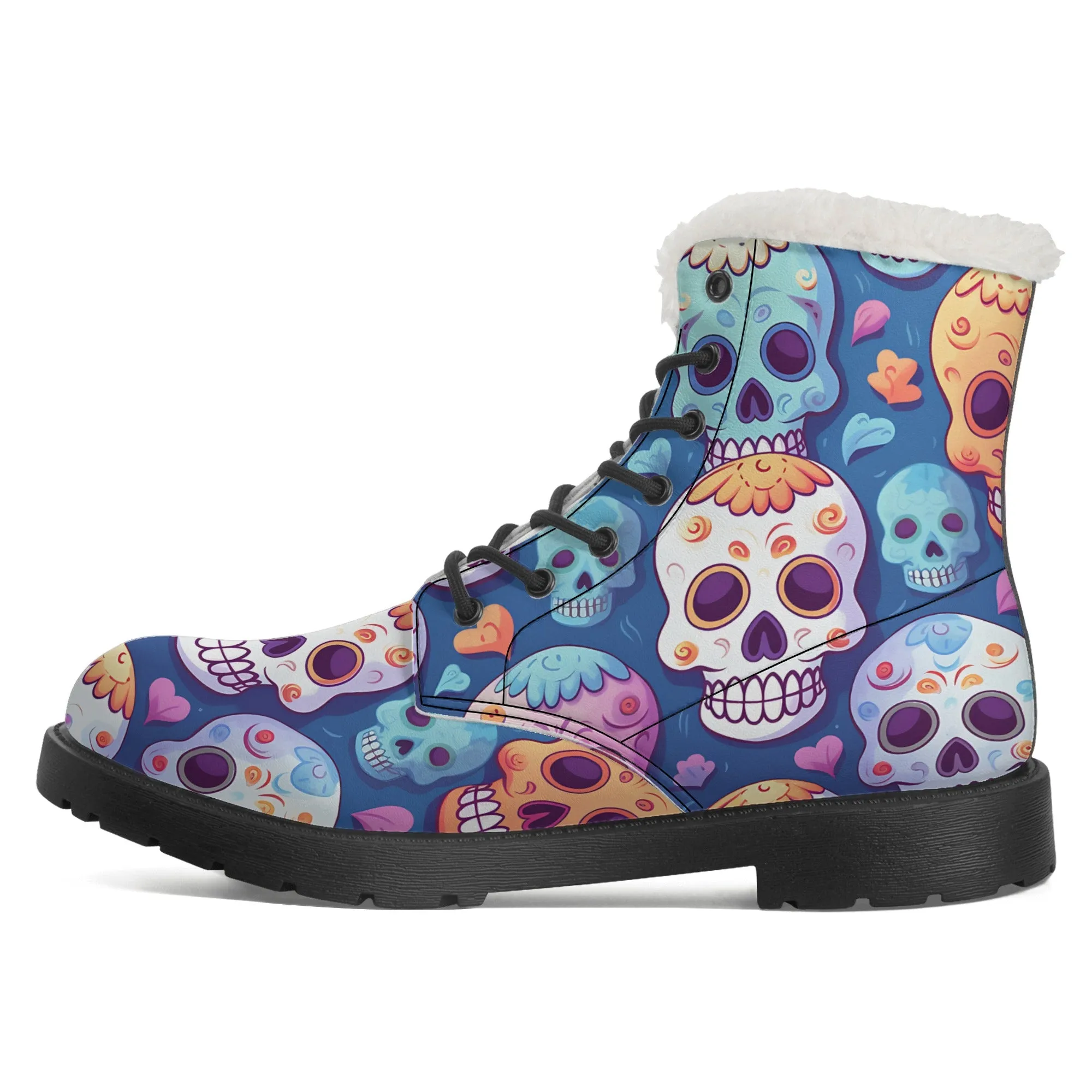 Womens Colorful Skulls Faux Fur Leather Boots