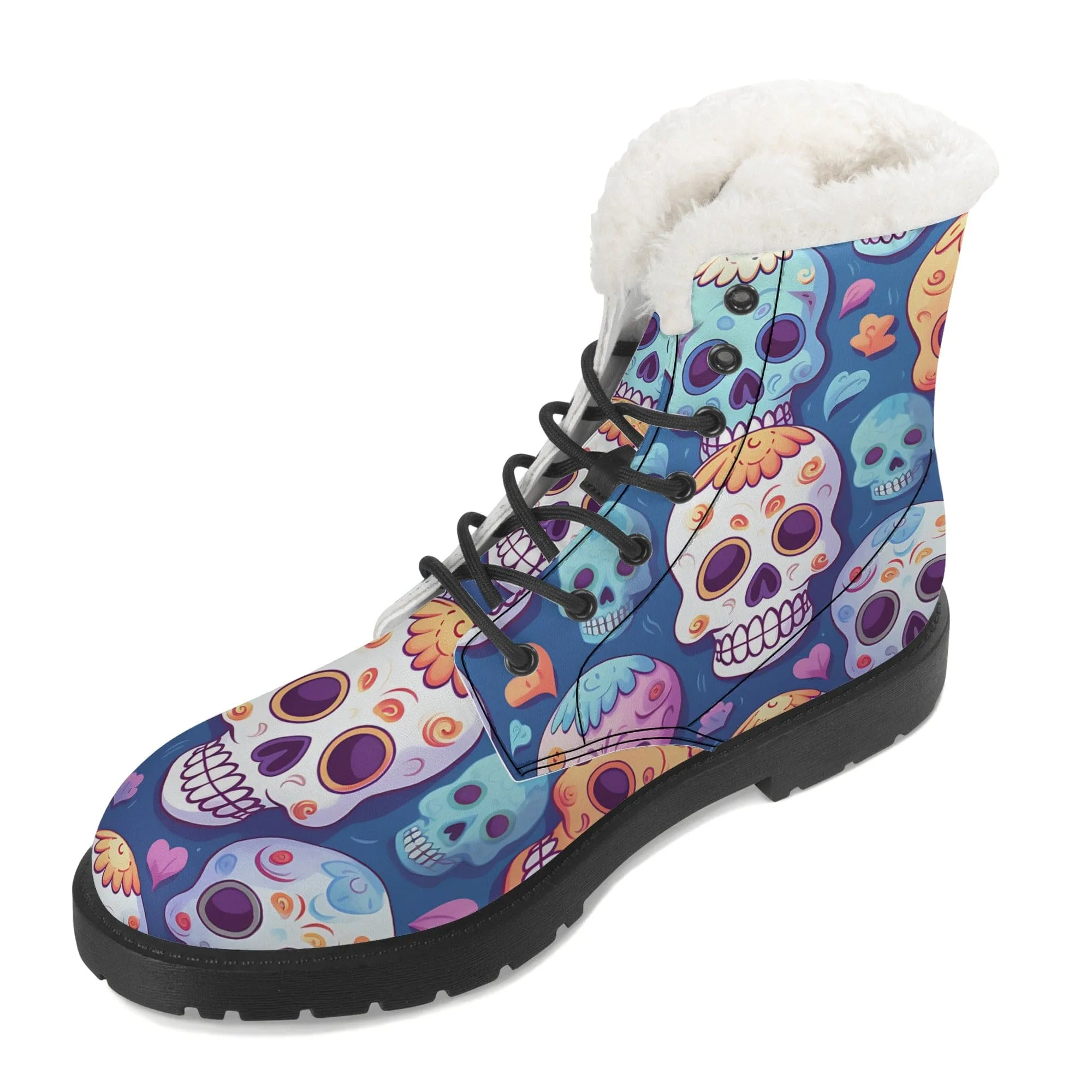 Womens Colorful Skulls Faux Fur Leather Boots