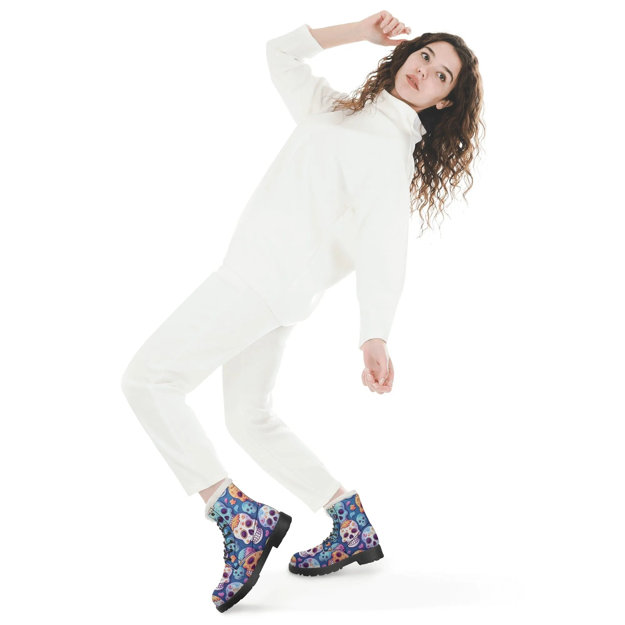 Womens Colorful Skulls Faux Fur Leather Boots